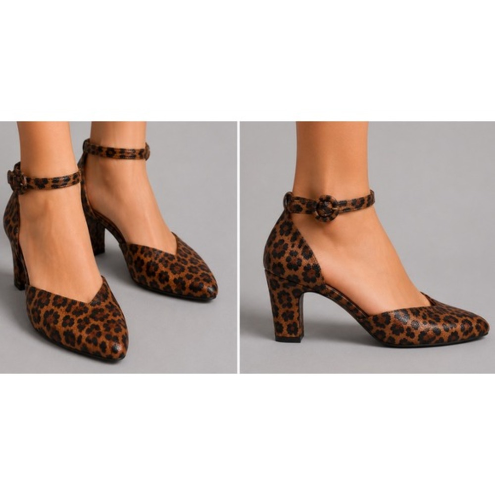 Comfort Leopard Print Heels Womens 12 Brown Ankle Strap Block Pumps d'Orsay Shoe